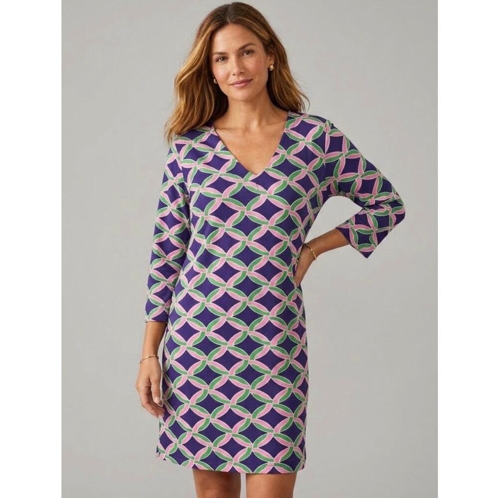Malabar Bay Organic Cotton Geometric Chainlink Navy Pink Preppy Sm Resort Dress